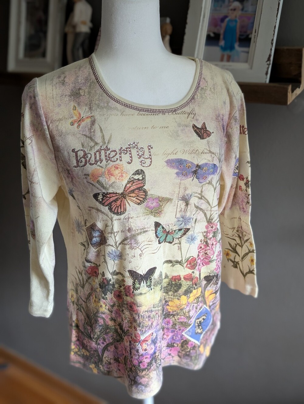 Studio Gem XL Butterfly Floral Rhinestone Top Y2K Fairycore Grandmacore